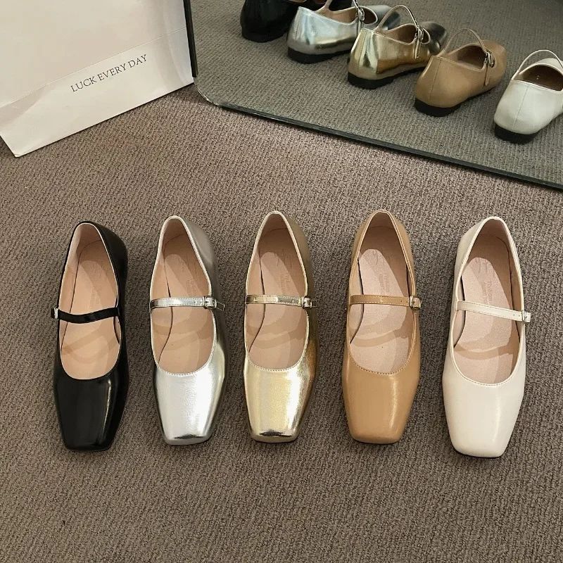 Sapato feminino de salto quadrado, sapato Mary Jane, salto baixo, prata casual, fivela rasa, sola macia, moda primavera-outono