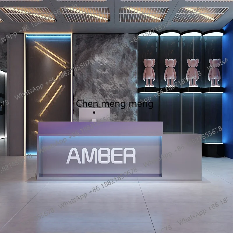 Clothing store, industrial style bar, stainless steel, modern light luxury, beauty salon, gym, front desk, reception table