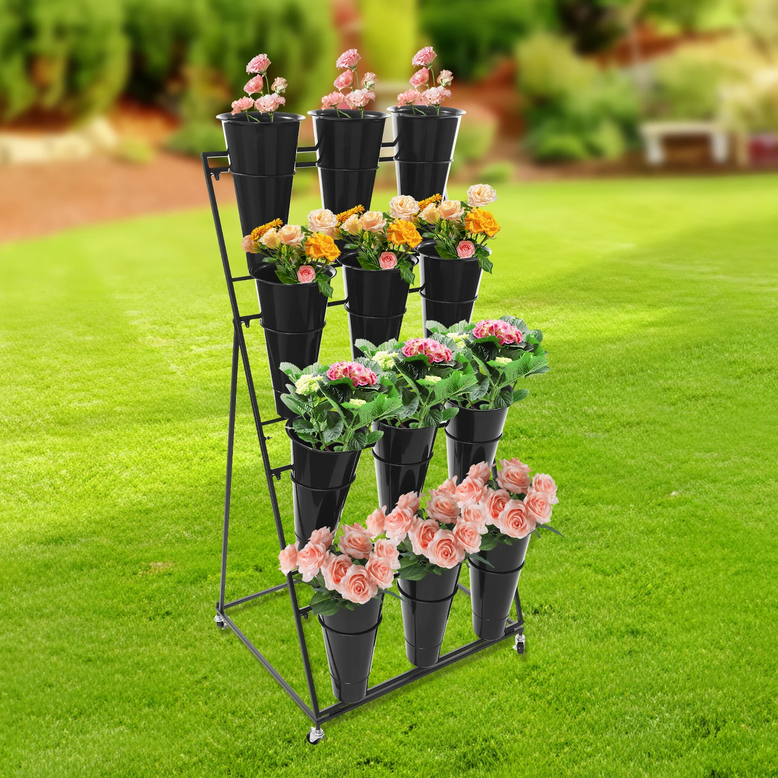 Flower Stand w/12pcs Black Plastic Bucket, Heavy Duty Moving Plant Cart Shelf for Outdoor Patio Garden Weddings image 6