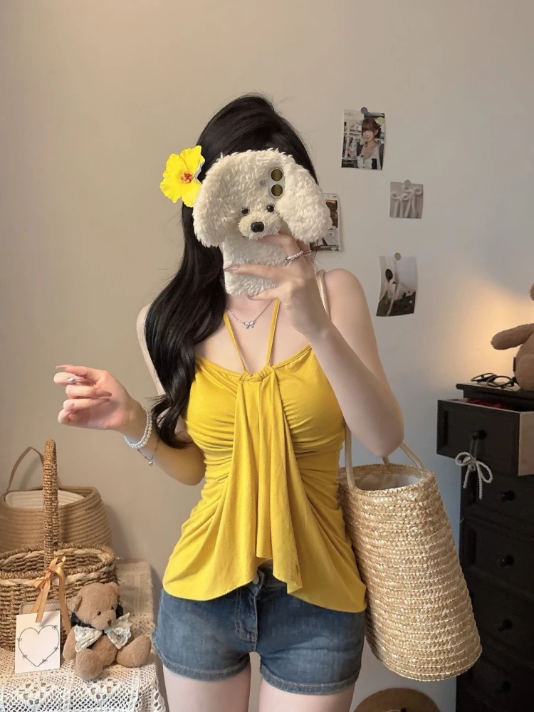 Ultra Brightening Summer Halter Neck Asymmetric Cami Top For Women Sexy Slim Fit Tummy Control Ruffled Vest