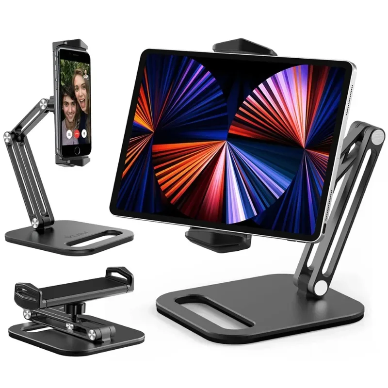 Long Arm Aluminum Alloy Tablet Stand Adjustable Folding iPad Stand Ergonomic 360°Rotatable Tablet and Phone Clamp Mount Holder