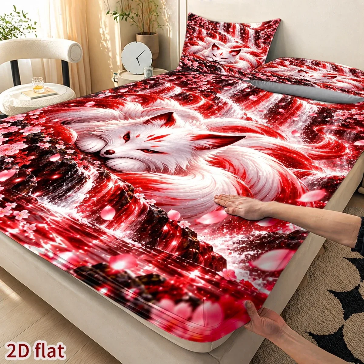 Waterfall Cherry Blossom Fox Bedding Set Romantic Unique Printed Three-Piece Bedding Set (Includes 1 Fitted Sheet + 2 Pillowcases) 3-Piece Bedding Set (Contains 1 Fitted Sheet + 2 Pillowcases) Large Capacity Deep Pocket 2D Printed Fitted Sheet and 2 Pillowcases Bedding Mattress Protector Fitted Elastic Style Protective Cover Mattress Protector, Suitable for All Seasons, Machine Washable Design Holiday Decoration Various Sizes Breathable Protective Cover Plus Pillowcase