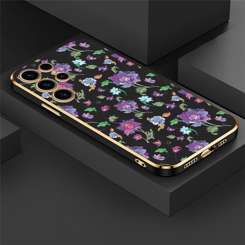 S26 Ultra Flower Painting Phone Case For Samsung Galaxy S25 S24 FE S25+ S23 Plus S22 5G Shockproof Silicone Soft Plating Cover