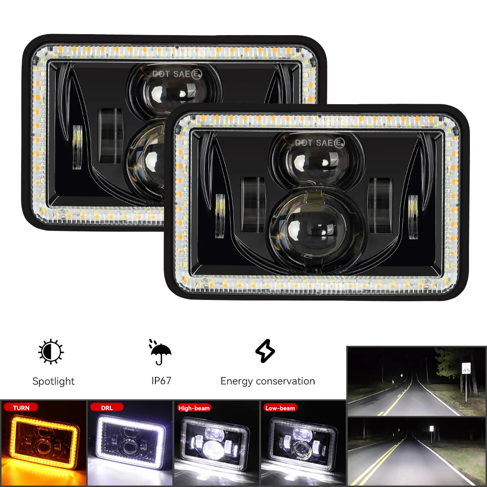 

For H4651 H4652 H4656 H4666 Car Truck Conversion Offraod 4x6" Inch LED Headlights Hi/Lo Beam with White Amber DRL