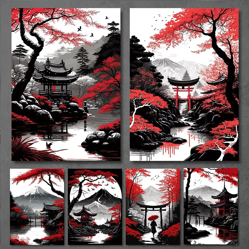 Pósteres de templo de montaña de paisaje Natural japonés, cuadro sobre lienzo artístico de tinta roja y negra Vintage, impresiones artísticas de pared, imagen para decoración del hogar