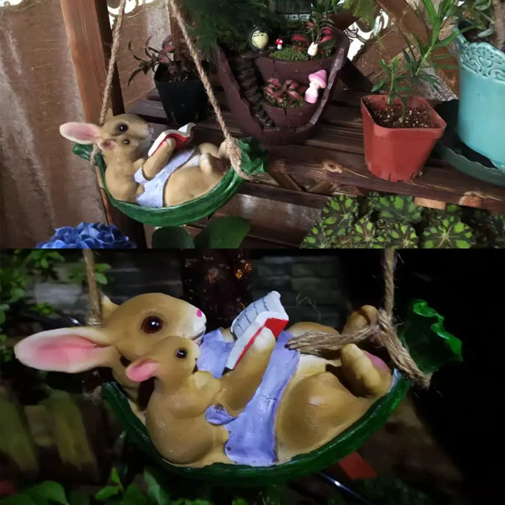 Garden Cartoon Decorations Lovely Swing Rabbit Household Ornament Creative Rabbit Statue Resin Crafts Gift Pendant