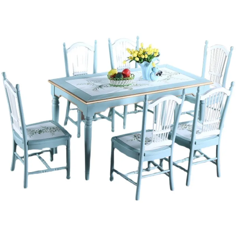 

Окрашенный обеденный стол в средиземноморском стиле для маленькой квартиры, ретро, старая мебель, прямоугольный обеденный стол, один стол, четыре стола