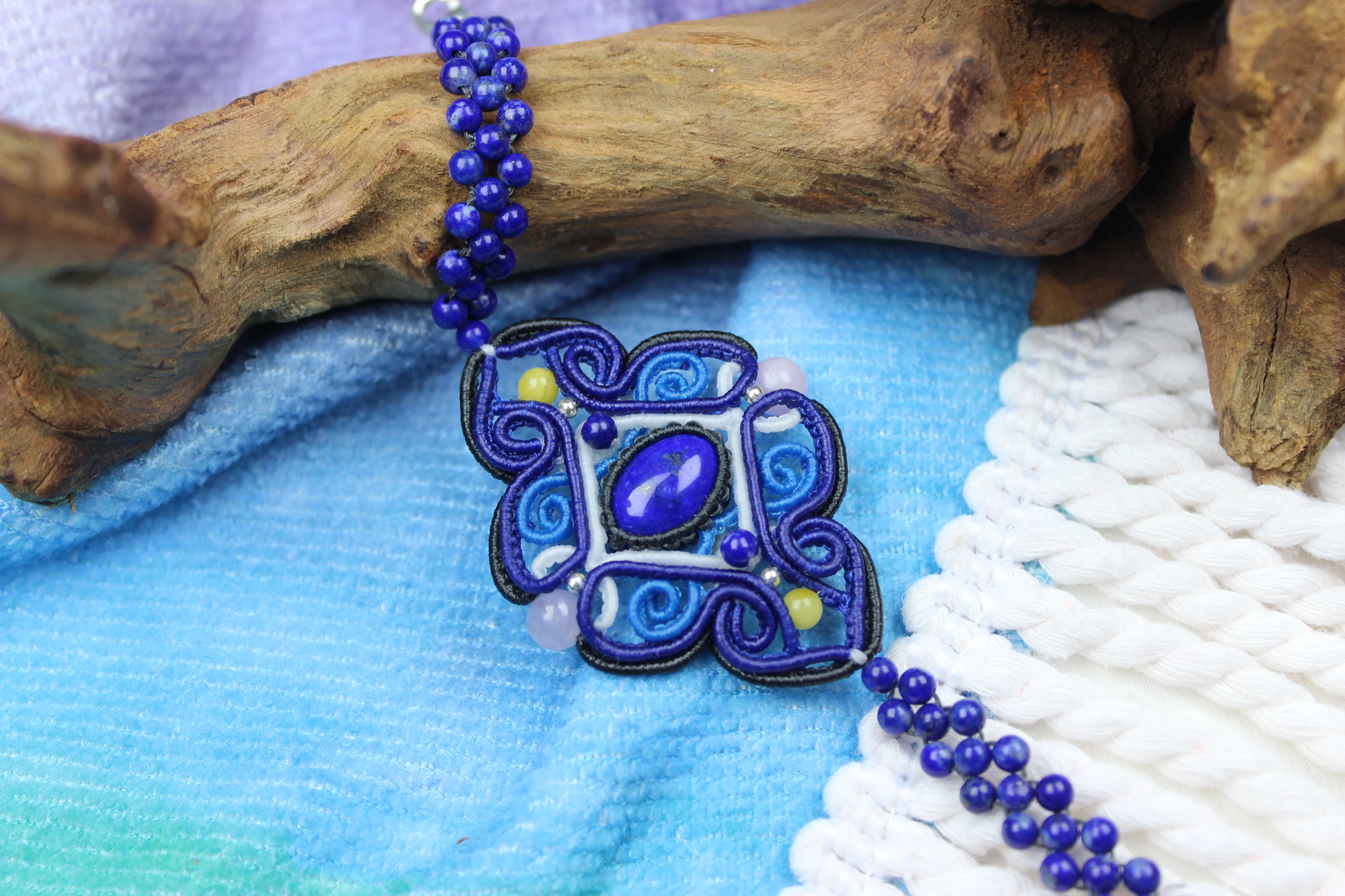 

Macrame Handmade Wax Polyster Thread Woven Lapis Lazuli Natural Stone Bracelet with Beads Exclusive Custom Design Gift for Women