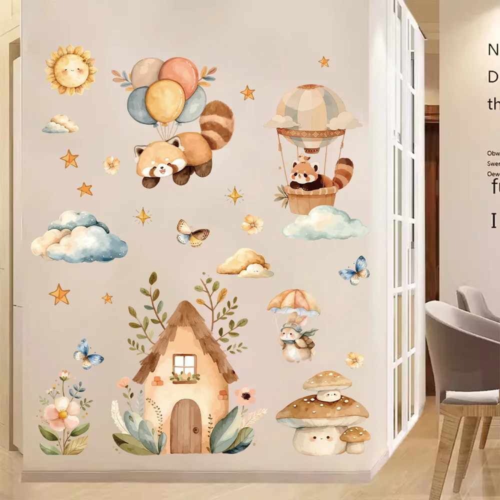 Watercolor Animals Hot Air Balloon House Wall Stickers for Kids Room Baby Nursery Room Wall Decals Boy Room Stickers Wall Decal