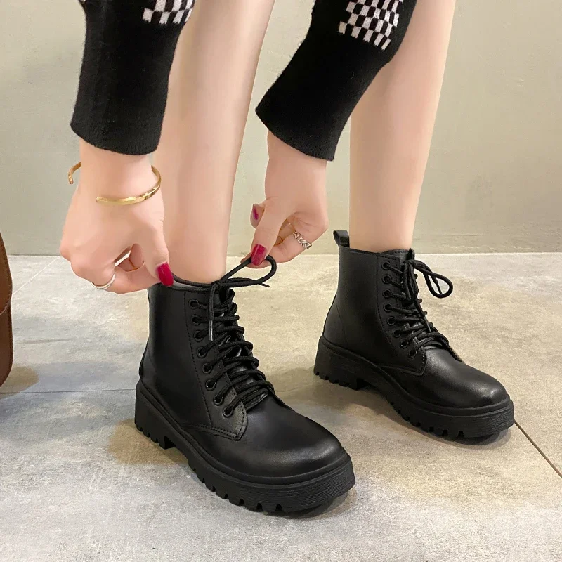 Size 42 Women Motorcycle Ankle Boots Wedges Female Lace Up Platforms Black Shoes Woman Botas Mujer