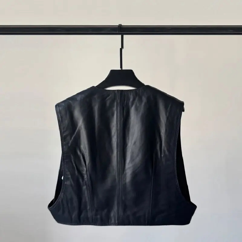Women Solid Color PU Leather Vest Minimalist Crew Neck Sleeveless Short Loose Versatile Outerwear Waistcoat 2026 Spring Autumn