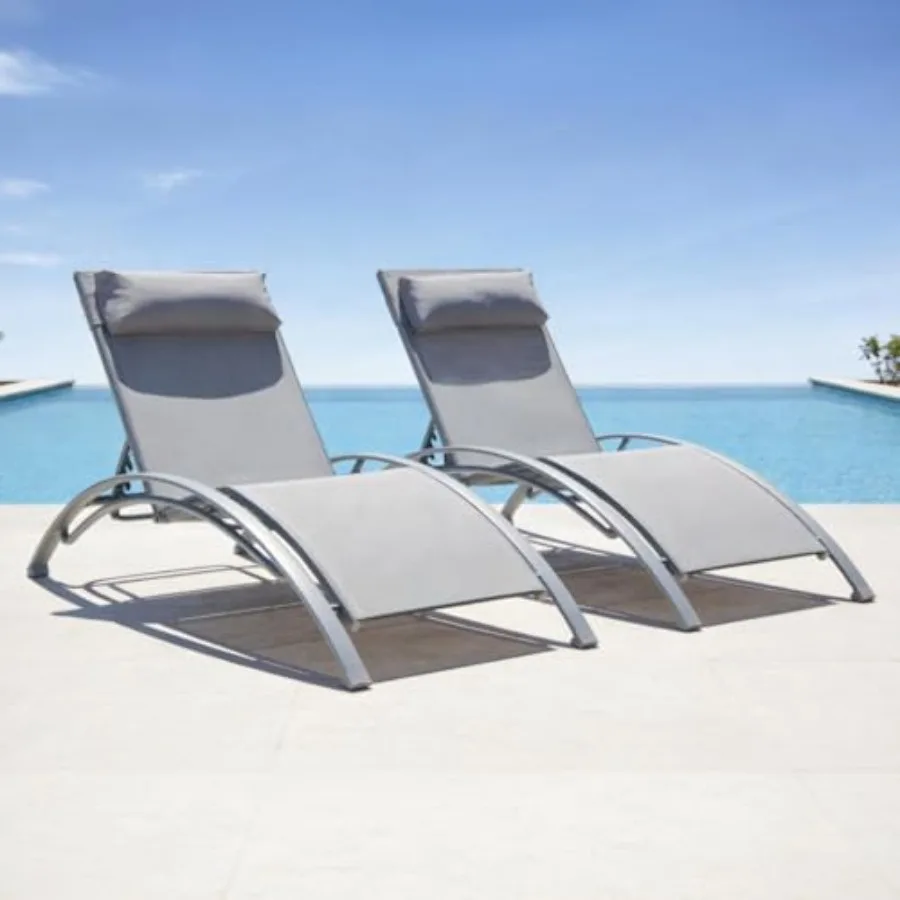 Outdoor poolside lounge chairs set of 2: adjustable aluminum frames with Textilene fabric, weather-resistant, gray color, ideal