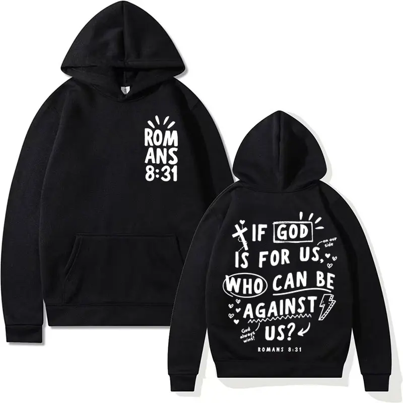 If God Is for Us Who Can Be Against Us? Letters Print Hoodie Harajuku Christian Aesthetic Sweatshirt Unisex Casual Fleece Hooded