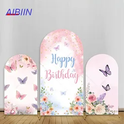 Happy Birthday Arch Backdrop Cover Pink Blue Flowers Butterfly Girl 1 Year Party Decor Cake Table Portrait Photozone Background