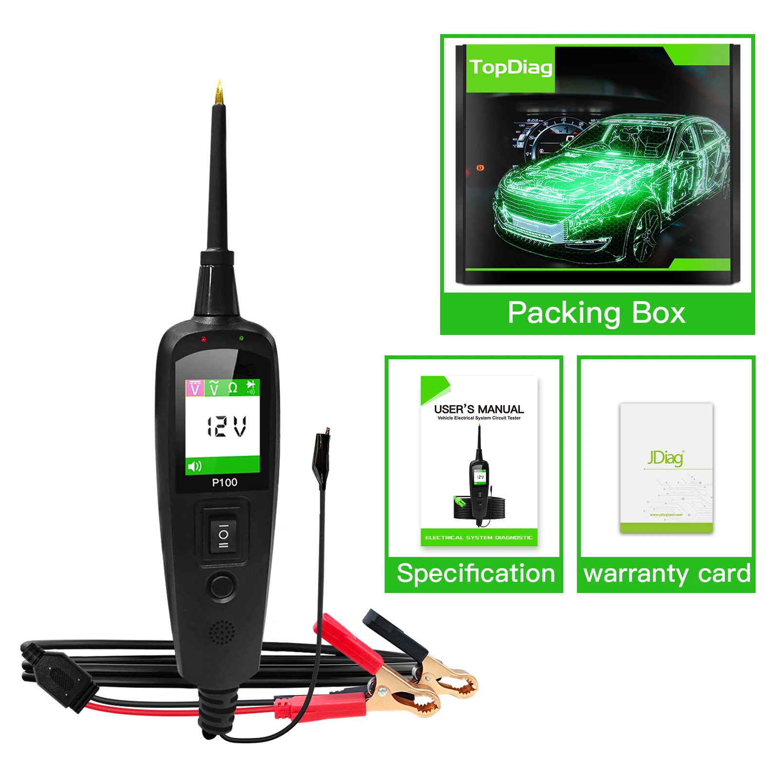 TopDiag P100 2m/10m Car Electrical Circuit Tester Automotive Power Scan Probe Circuit Kit 12V 24V Battery Tester Diagnostic Tool