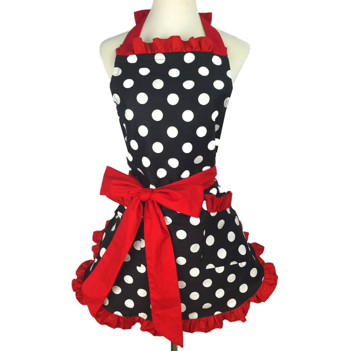 Cute Kitchen Apron Retro Polka Dot Aprons Adjustable Ruffle Side Vintage Cooking Aprons with Pockets for Car Wash/Painting Apron