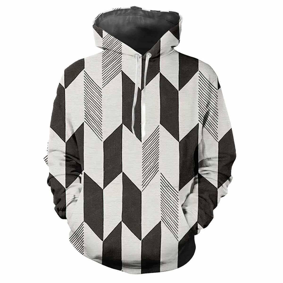 Fashion Men's Hoodie Printed Black Plaid Digital Printing Casual Long Sleeve Hoodie Black and White Plaid Hoodie