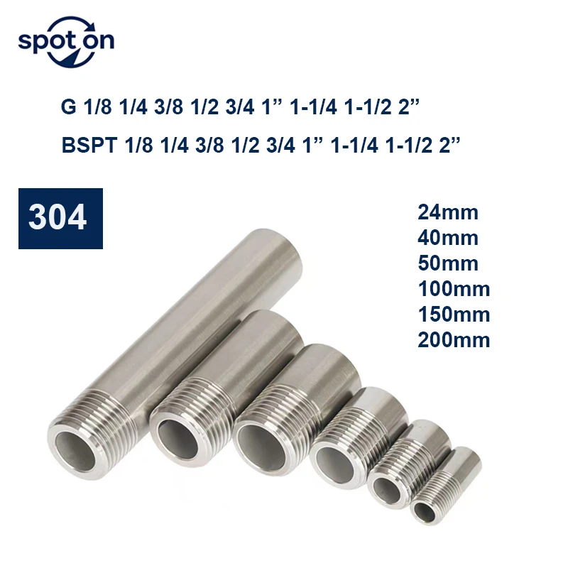 3PCS  1/8 1/4 3/8 1/2 2 Inch Single-head Male Thread  Length 24-200mm Stainless Steel SS304 Pipe Fittings Connector Adapter