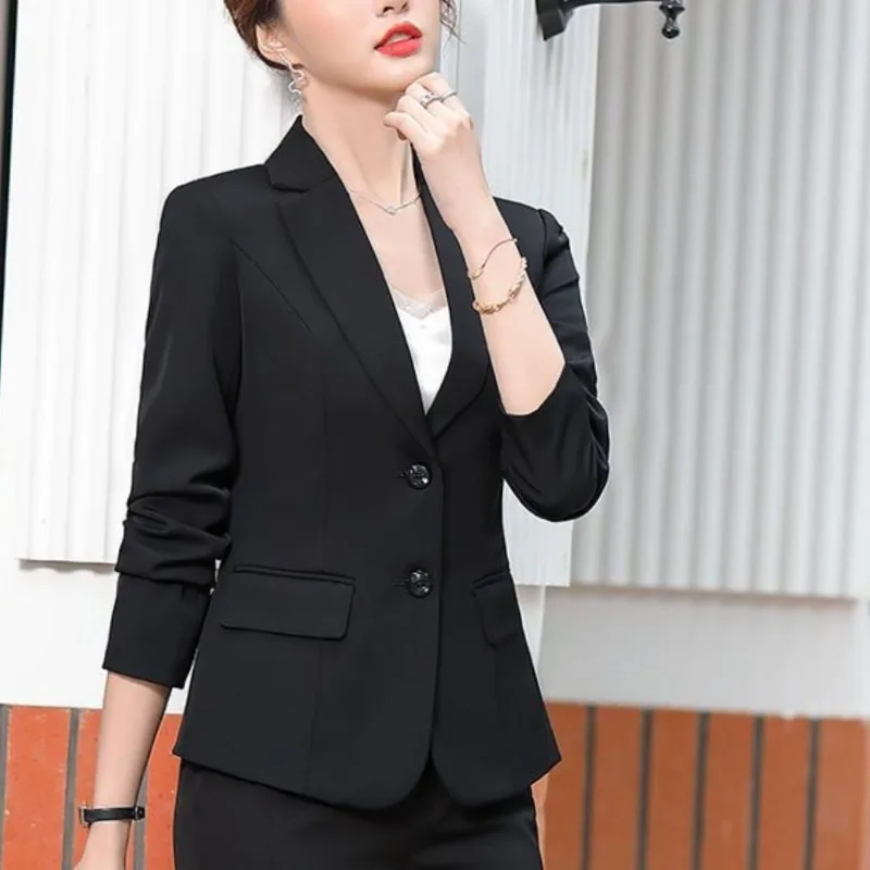 Women's Autumn Winter Fashion Elegant Solid Color Suit Collar Button Pocket Commuting Versatile Long Sleeved Slim Fit Suit