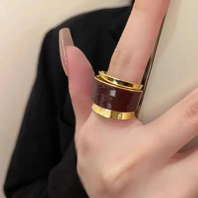 Badu Vintage Chocolate Color Double Layer Open Ring for Women 18K Gold Plated Enamel Finger Ring Fashion Party Jewelry