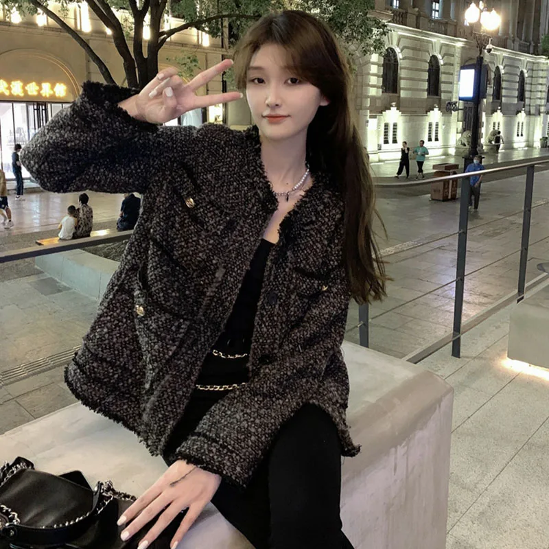 

Fried Street Tweed Coat Women Outwea Autumn Winter 2023 Vintage Wool Jacket Female Overcoat Loose High-Rnd Woolen Jacket Tops