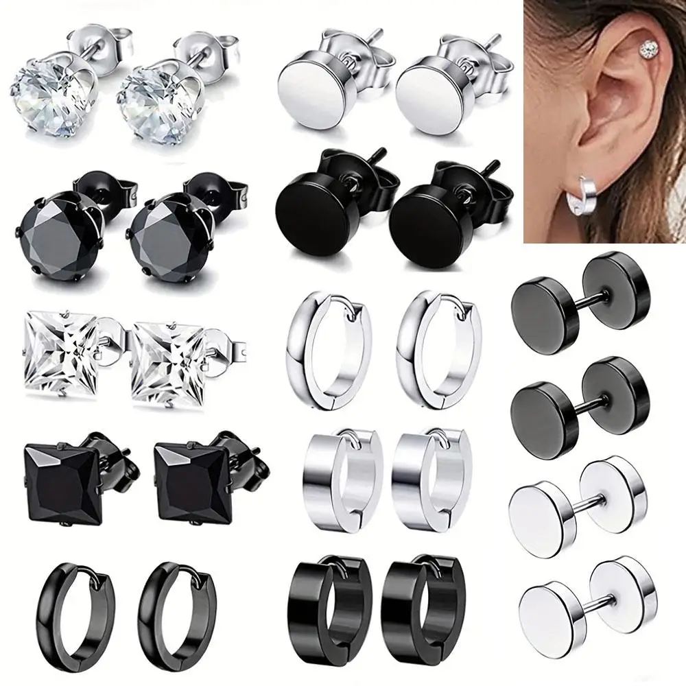 1/12Pairs Black Earrings Stud for Men Woman Stainless Steel Round Elegant Hoop Earrings Set for Multiple Cool Piercing Jewelry