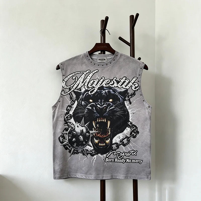 Majestik Tank Top T-Shirt Rhinestone Beast Pattern Vintage Washed Hip Hop Men's T-Shirt