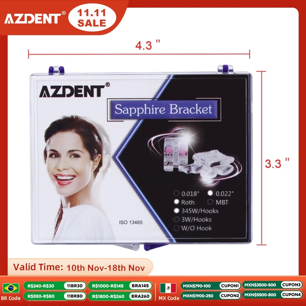 28pcs/Box Dental Bracket Orthodontic Braces AZDENT Monocrystalline Sapphire Ceramic Mini Roth/MBT.022 Hooks 345 with Buccal Tube