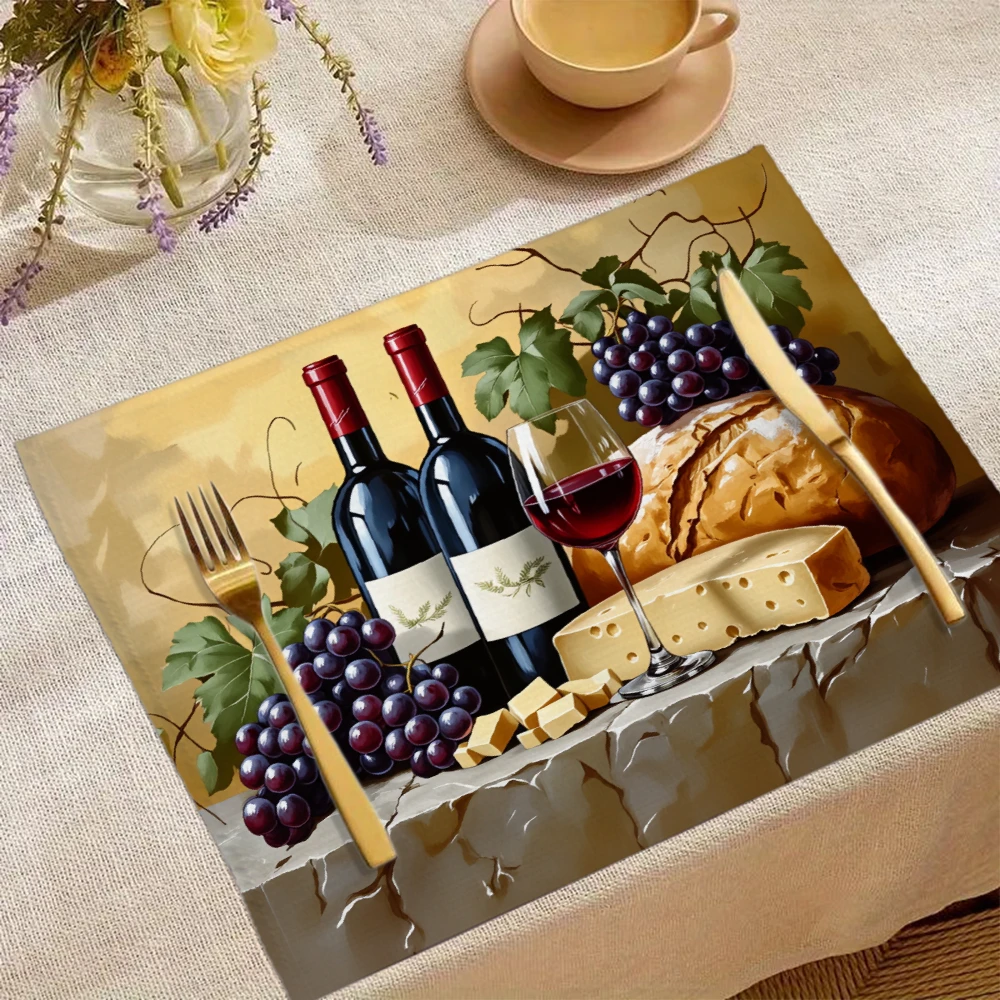 Wine And Cheese Theme Placemat Set For Dining Table Decor With Grape Vine Design And Bread Cheese Wine Bottle Pattern
