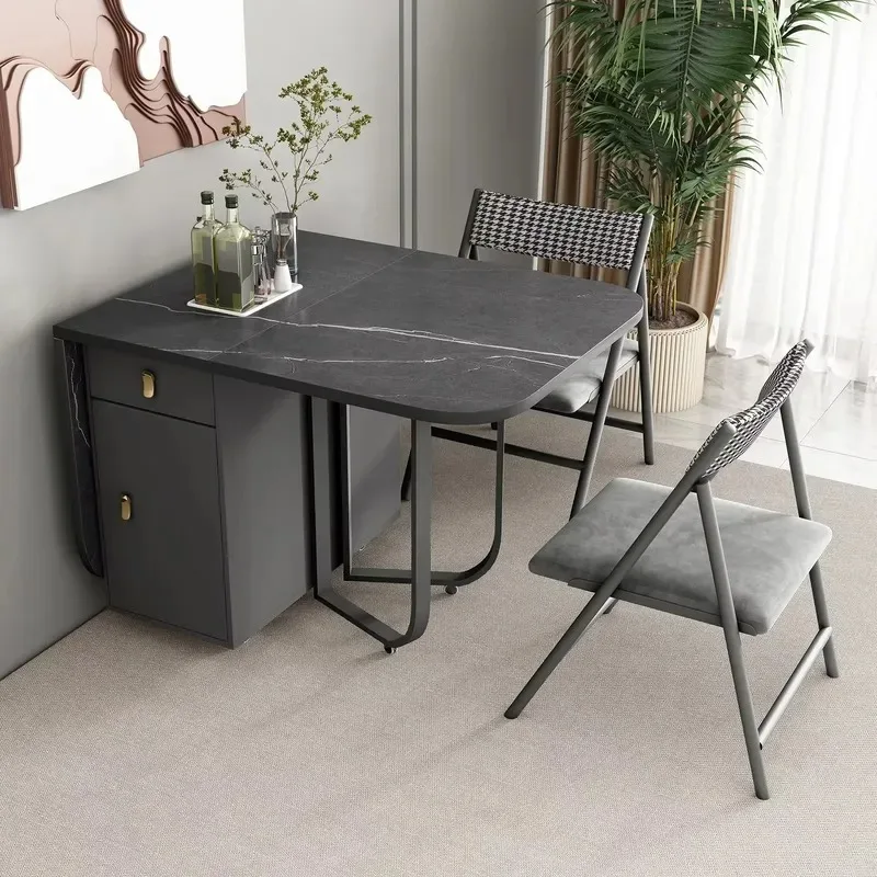 Folding Dining Table with Storage Rack and 2 Drawers Extendable Versatile Kitchen Table and Metal Movable Folding Dining