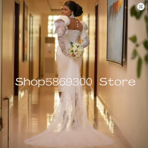 African beach Tea-length Wedding Dress With Lace Train Beaded High Neck Long Sleeves White Civil Wedding Gown Customized