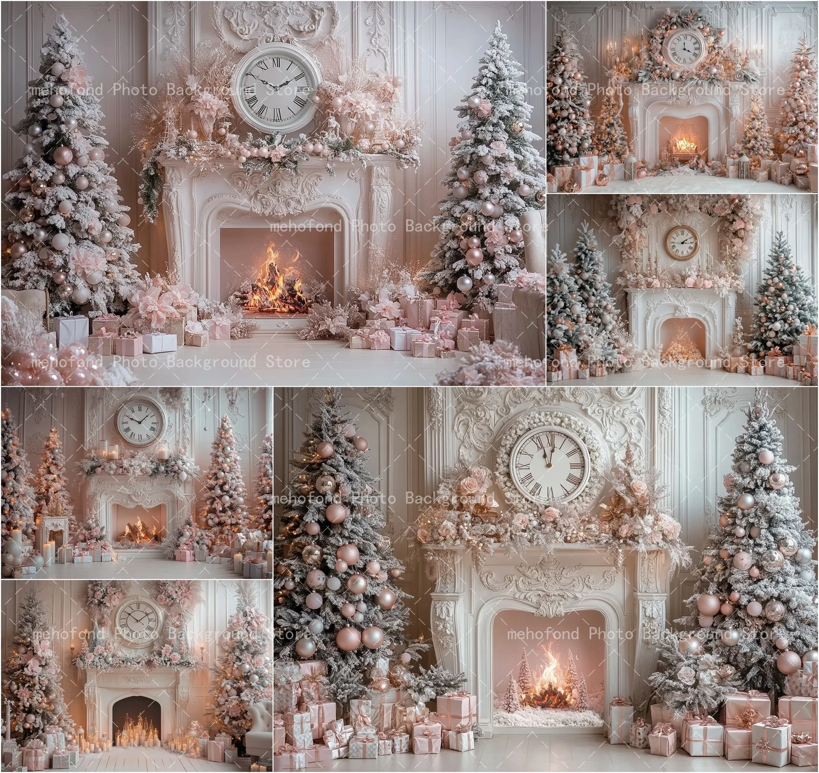 Mehofond Photography Background Christmas Tree Retro Wall Fireplace Pink Ball Ornament Clock Kid Family Portrait Backdrop Decor