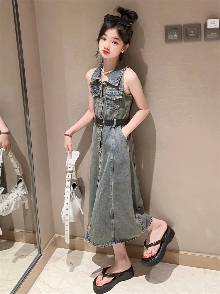 

Girls Summer Dr Casual High Waist Denim Vest Skirt Children's Faionable Long Skirt No Sve A-Line Skirt for Ages 4-3