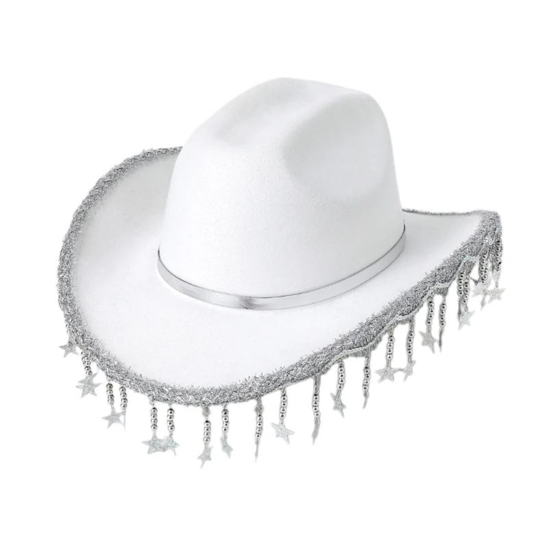 50JB Shimmering Cowboy Hats with Sequins Star Fringe for Proms Banquets Party Plain Color Cowboy Hats for Adult Taking Photo