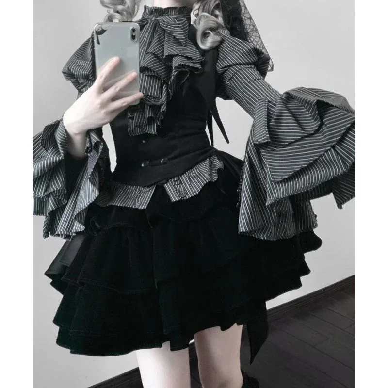 Gothic Style Striped Print Blouse + Skirts Sets Bandage Autumn Spring Long Sleeve High Waist Lolita Patchwork Cake Skirt Suit