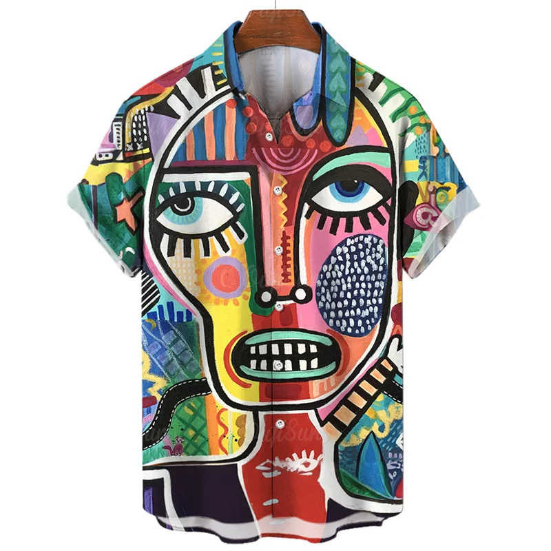 Abstract Face 3d Print Shirt For Men Summer Art Painting Graphics Short Sleeved Hawaiian Lapel Blouse Tops Street Clothing