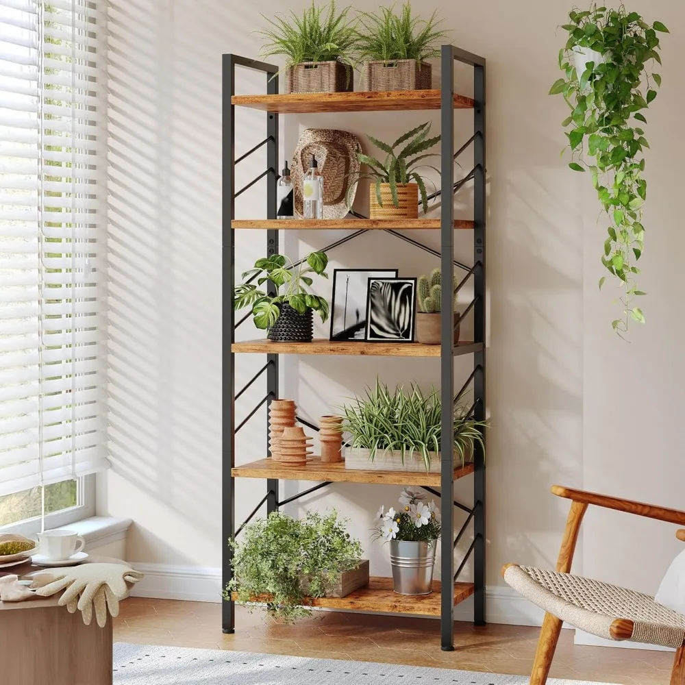 

Книжная полка, промышленная 5-ярусная высокая книжная полка, современный книжный шкаф с металлическим каркасом и бакенбардами для спальни, гостиной и