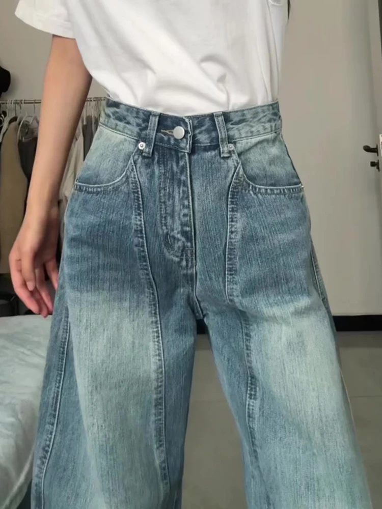 

Американские джинсы с высокой талией и драпировкой, широкие штанины, женские, осенне-зимние, дизайнерские, длинные брюки, повседневные, из денима