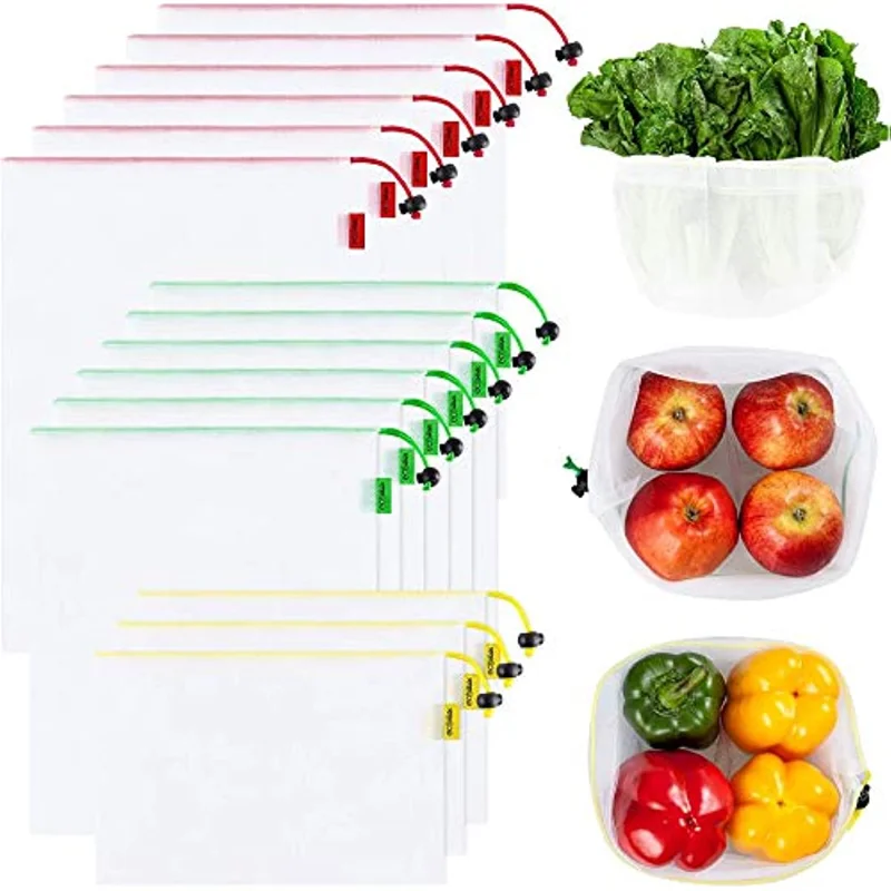 

15 pack Reusable Mesh Produce Bags Eco-Friendly Washable and See-Through Shopping Produce Net Bags Fruit Vegetable Storage