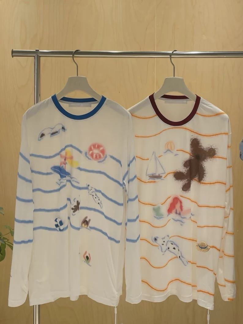 

Heidd Retro Striped Beach Par Long Sve T-irt UV Protection Women's Casual Cotton Tee round Ne Sweat Absorbent Summer