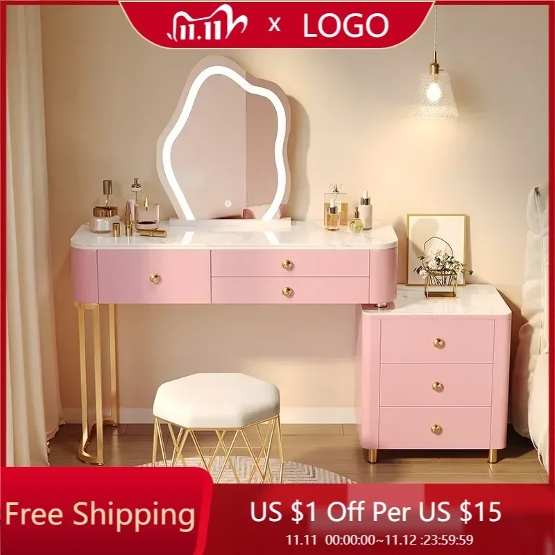 

Princess Pink Vanity Table Vanity Organizer Luxury Nordic Vanity Table Led Light Kawaii Tocador Maquillaje Furniture Makeup