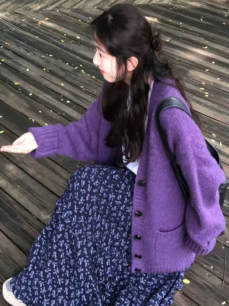 Retro Soft Lazy Knitted Open Cardigan Women's Purple Sweater Jaet Loose Fit Long Sve V-Ne Button-Up Autumn Faion