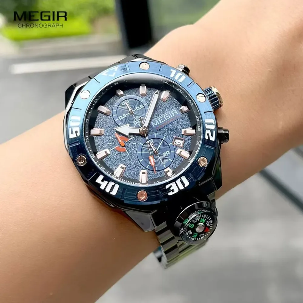 MEGIR-Reloj analógico de acero inoxidable para hombre, accesorio de pulsera de cuarzo resistente al agua con cronógrafo, complemento masculino deportivo luminoso con diseño de brújula y calendario