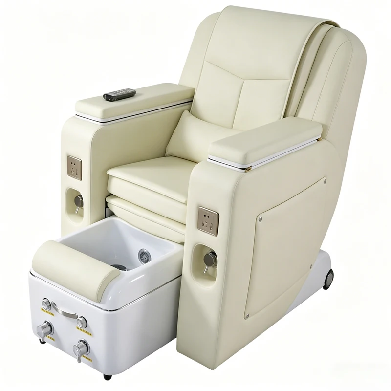 2026 New Luxury Beige Pedicure Spa Chair with Remote & Power Outlet, Mobile Massage Recliner for High-End Nail Salons