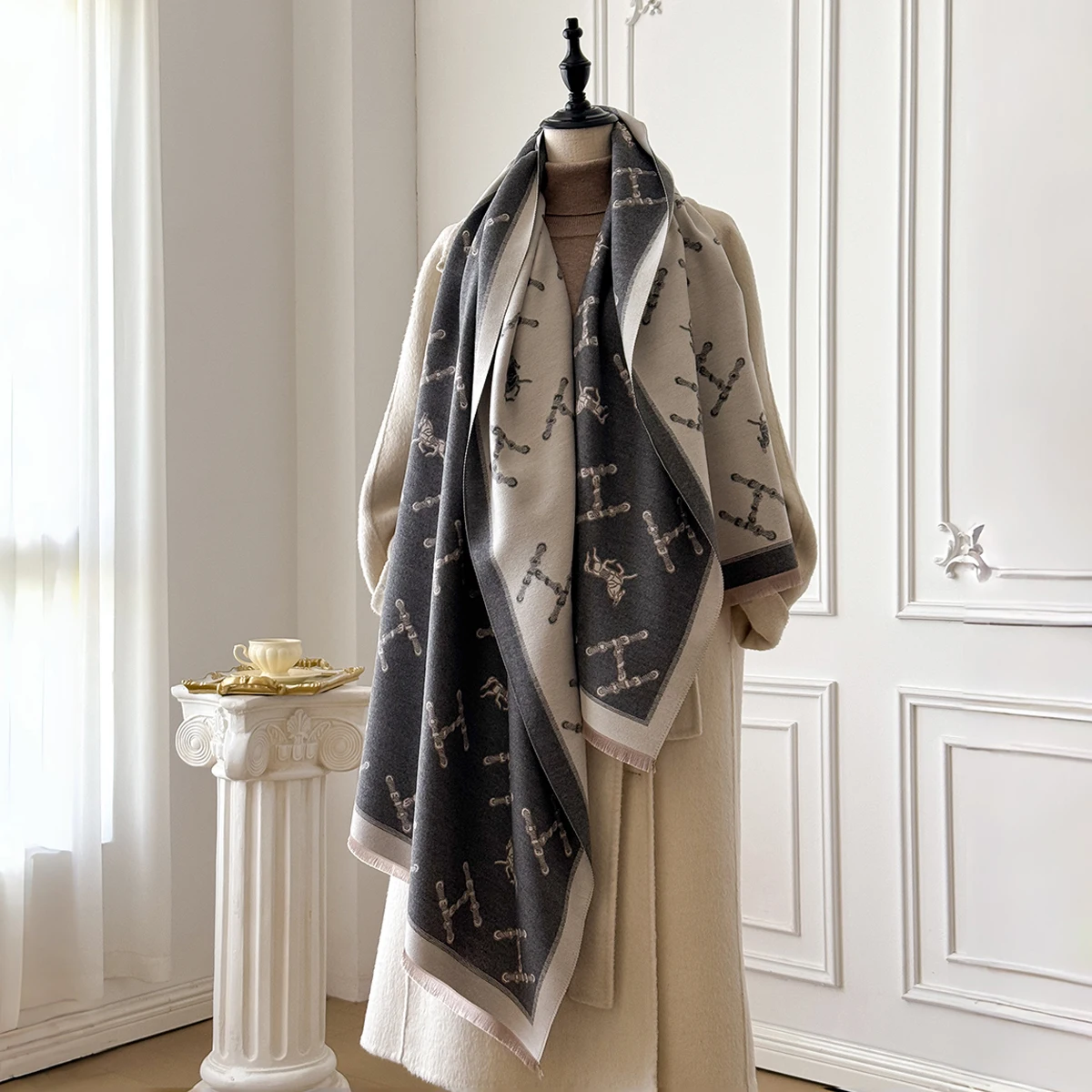 شال شتوي كشمير نسائي على الموضة من العلامة التجارية - لوحة زيتية كلاسيكية مطبوعة بالزهور على طراز الباشمينا غلاف سميك ومعطف #6