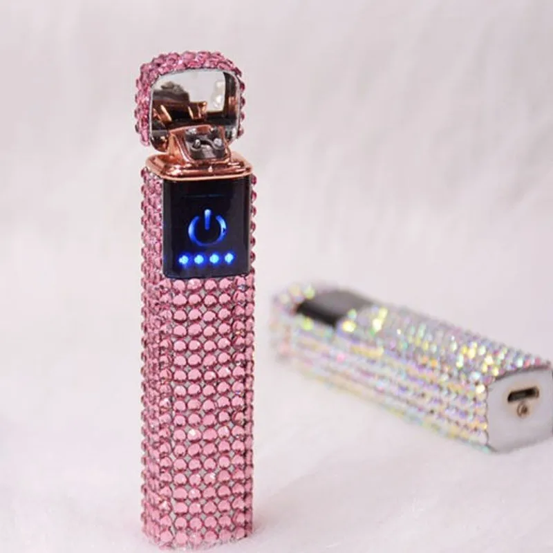 USB Rechargeable Lighter Beautiful Rhinestone Lighter Double Arc Cigarette Lighter Ladies Smoking Lighter Send Girl Special Gift