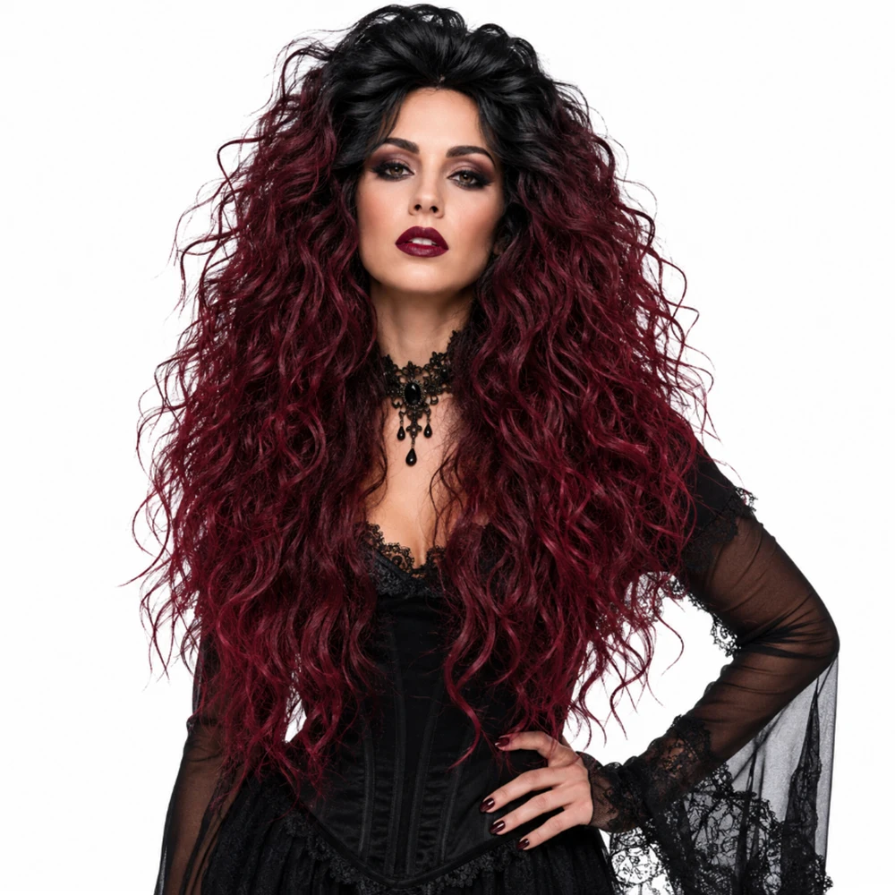 Synthetic Hair Gothic Vampire Queen Long Curly Black Burgundy Cosplay Halloween Wig Rose Net