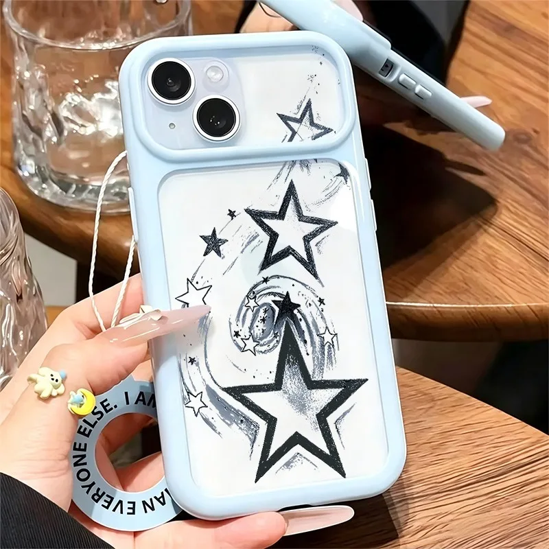Grunge Sketch Swirl Star Phone Case For iPhone 11-17 Series, Large Window Shockproof Soft TPU Cover, 8 Optional Colors