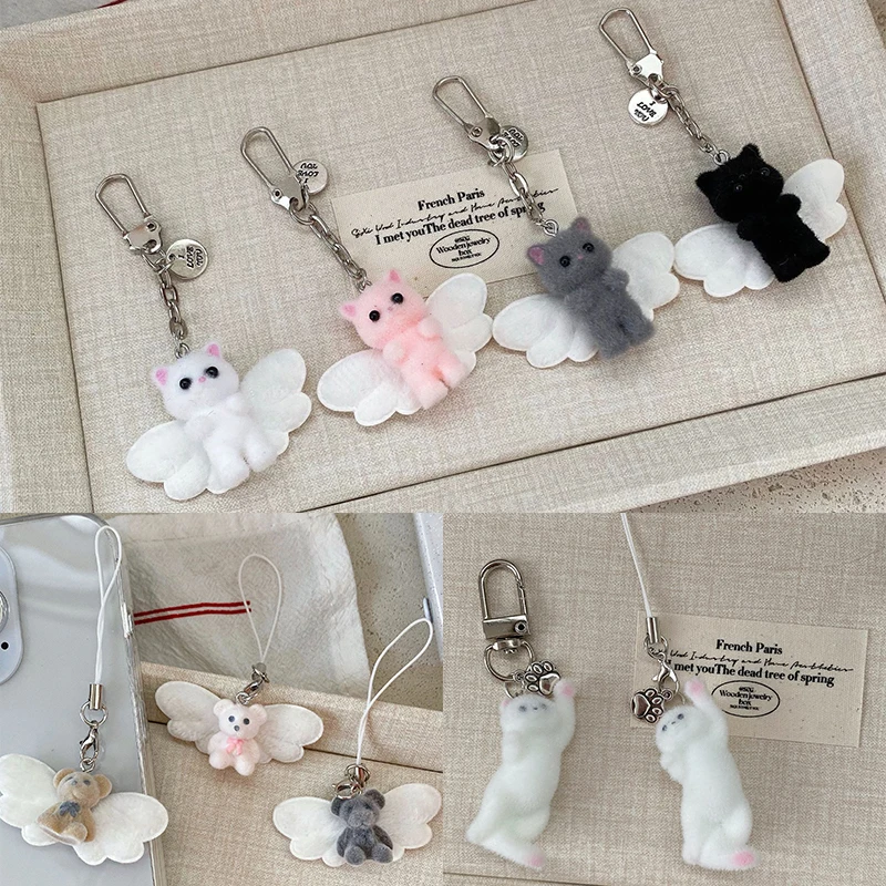 1PC Cartoon Flocked Animal Bag Pendant Keychain Y2K Butterfly Wings Keyring Women's Cute Camera Backpack Pendant Decoration Gift