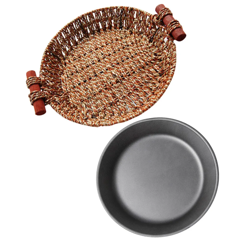 

Round Iron Plate 30cm Black Non Stick Steak Pan Red Basket Sizzling Grill Plate Outdoor BBQ Serving Platter Kitchen Tool Pizza